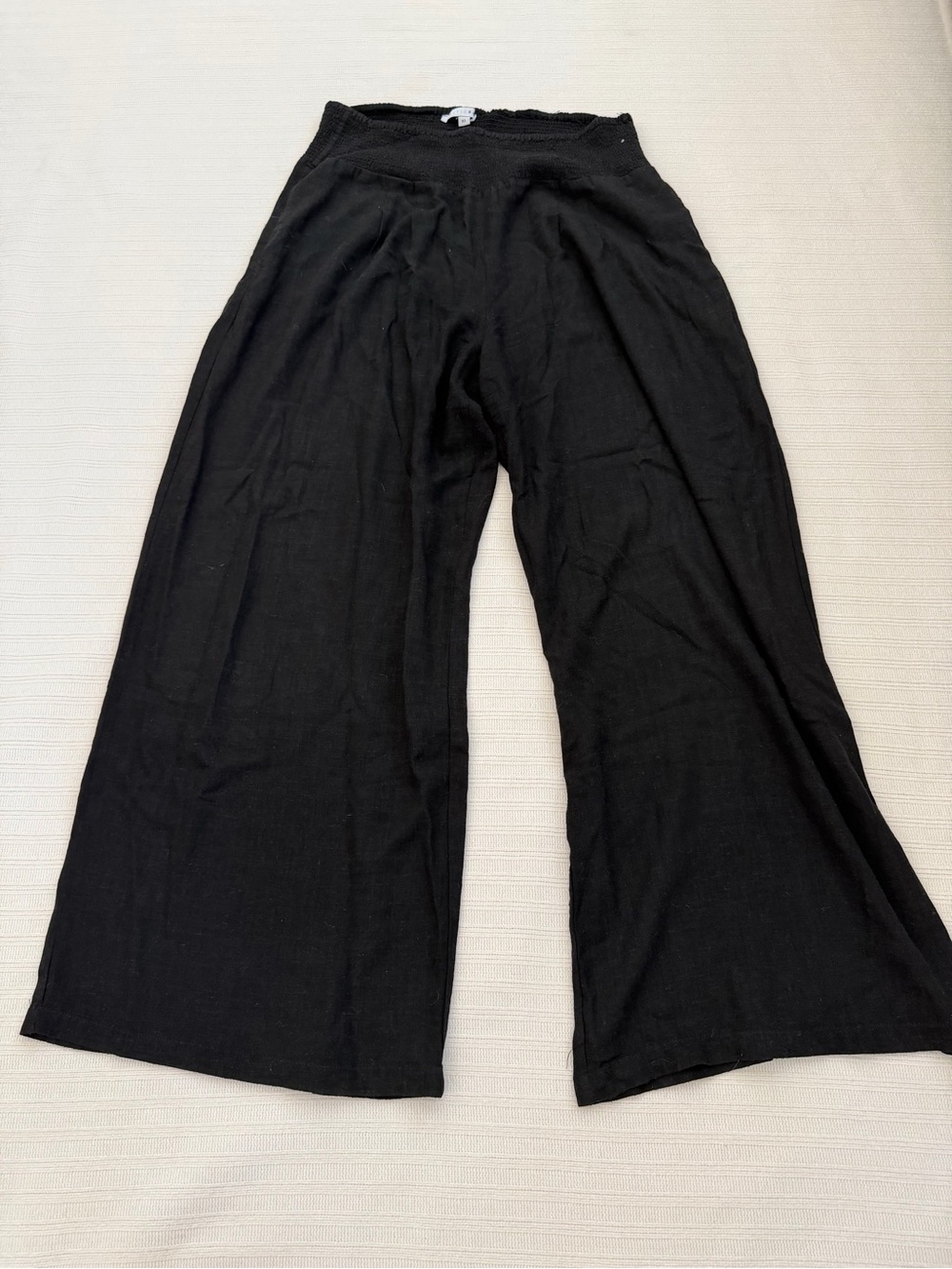Baltic Born Linen Blend Smocked Wide Leg Pants Black Palazzo Size XL BeS1